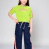 Girls Lime Green Oversize Top and Denim Wide Leg Cord Set