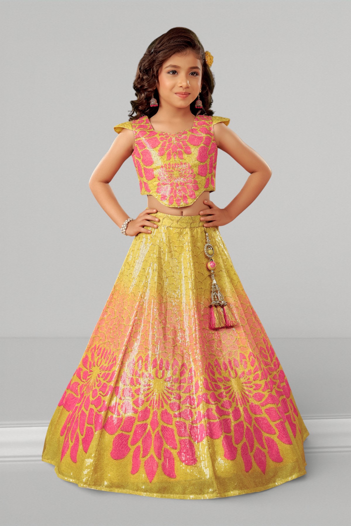 Yellow Pink Floral Foil Work Girls Lehenga Choli Set