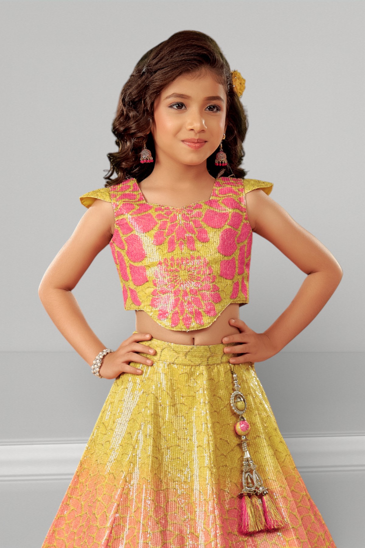 Yellow Pink Floral Foil Work Girls Lehenga Choli Set - Image 2