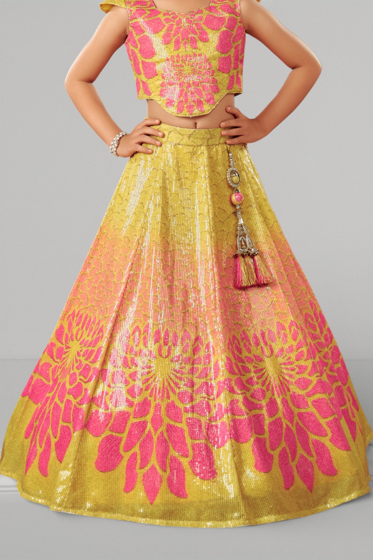 Yellow Pink Floral Foil Work Girls Lehenga Choli Set - Image 3