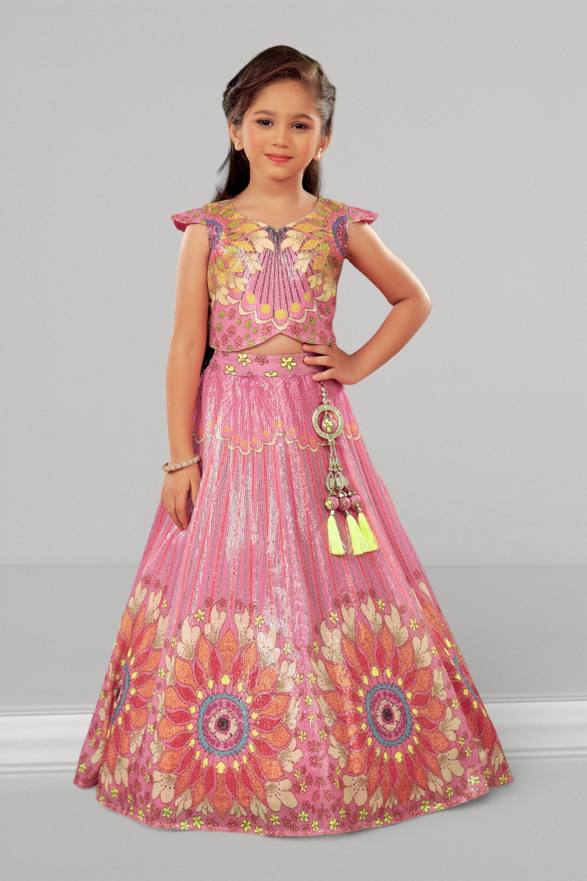 Pink Sequin Embroidery Girls Lehenga Choli Set