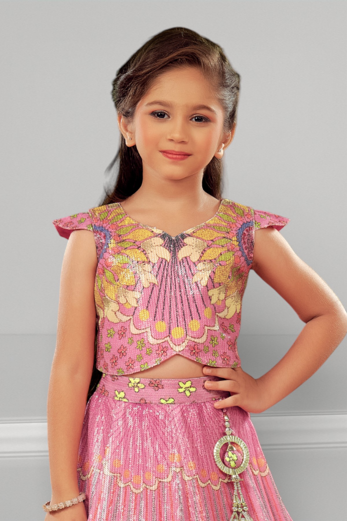 Pink Sequin Embroidery Girls Lehenga Choli Set - Image 2