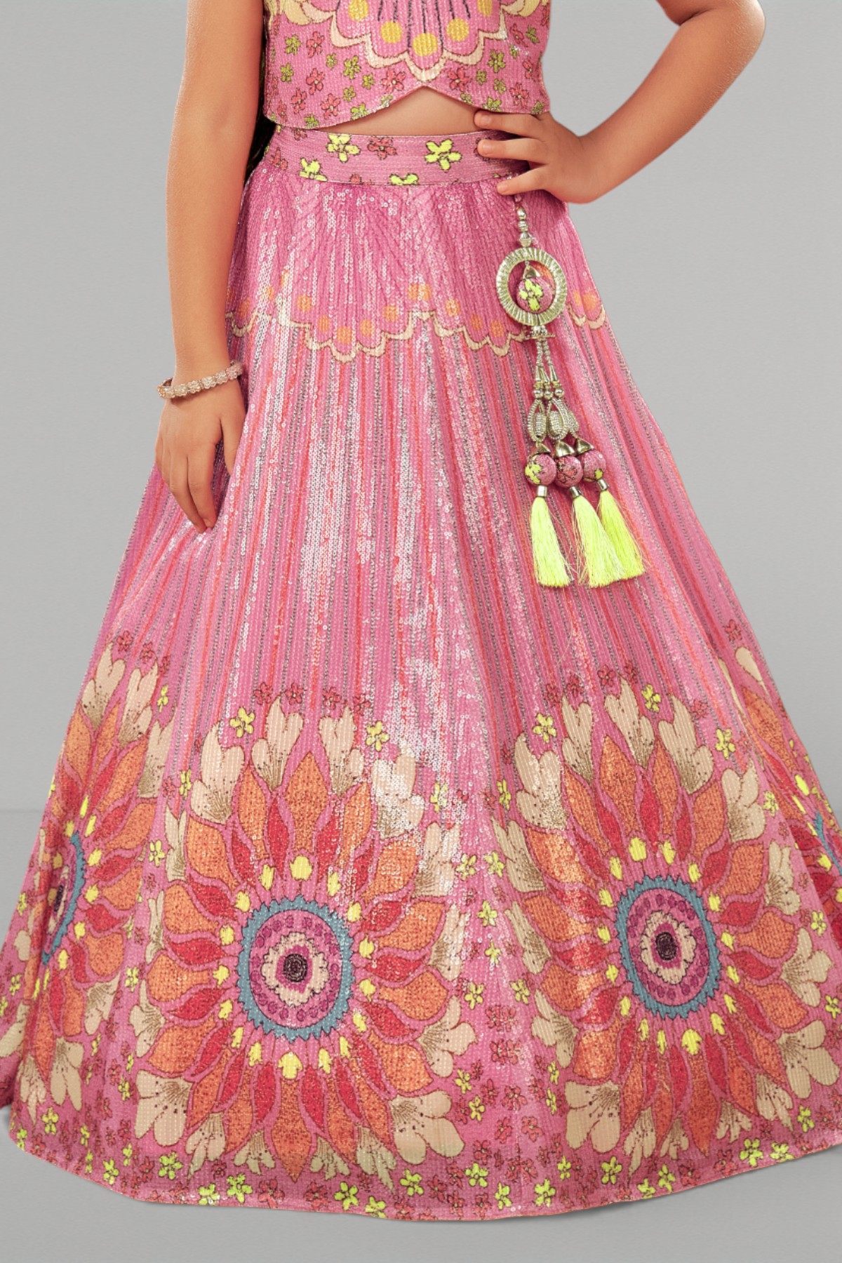 Pink Sequin Embroidery Girls Lehenga Choli Set - Image 3