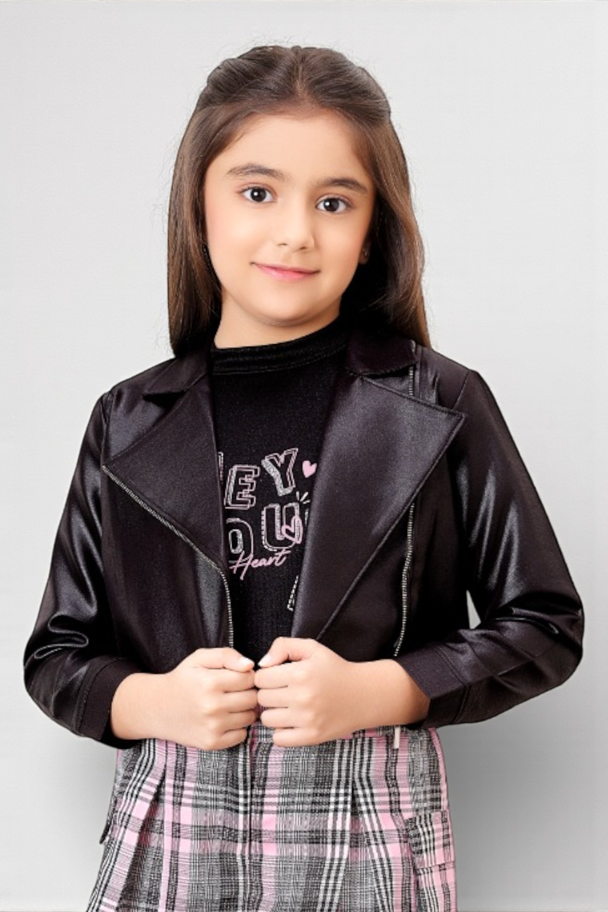 Girls Edgy Black Leather-Look Jacket and Plaid Skirt Set - Image 2