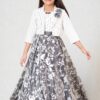 Girls Silver Charcoal Floral Gown and Striped Jacket Set