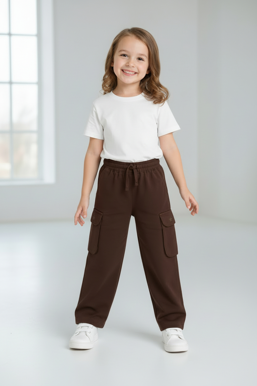 Coffee Brown Stretchable Girls Loose Fit Cargo Pants