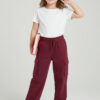 Maroon Stretchable Girls Loose Fit Cargo Pants