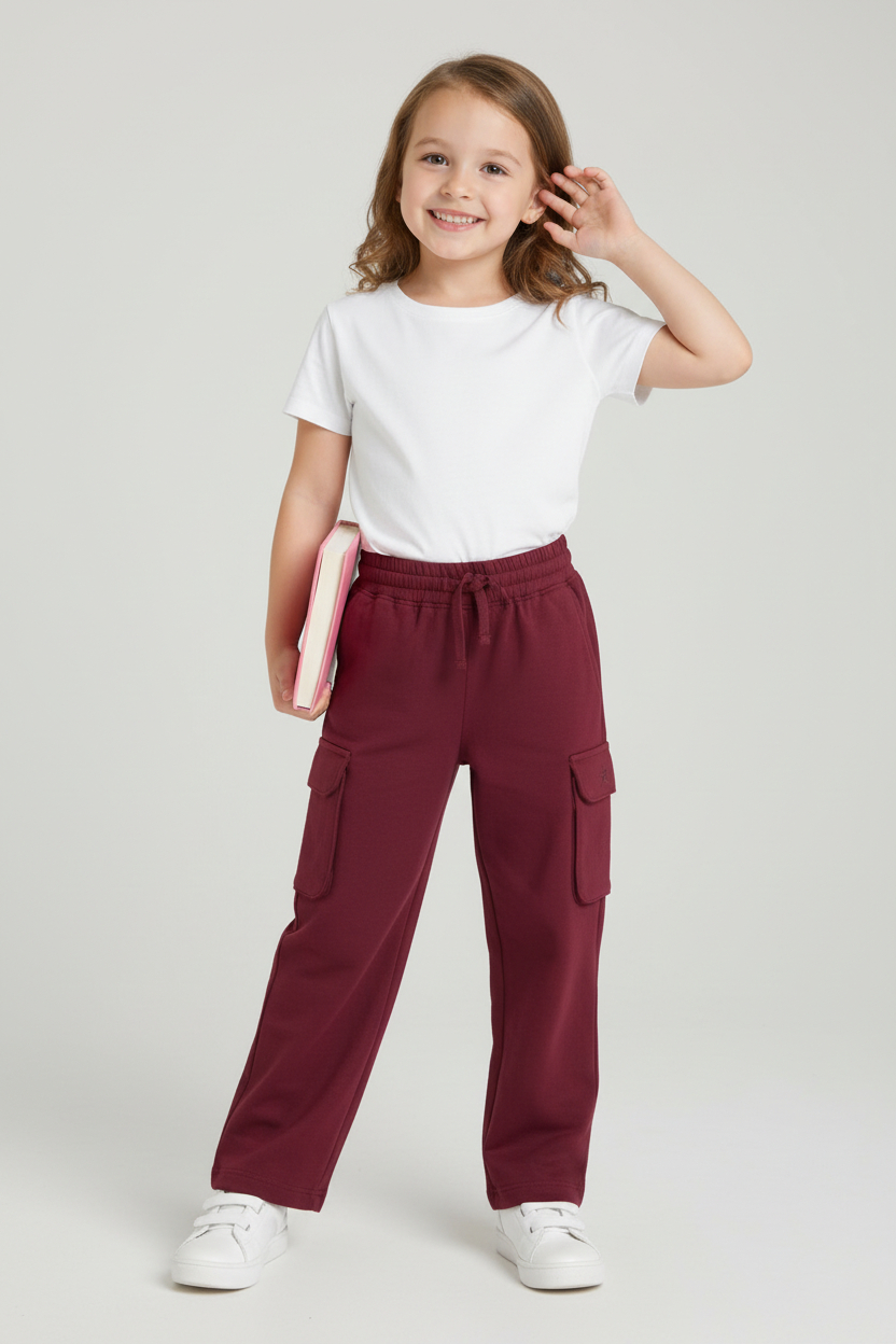 Maroon Stretchable Girls Loose Fit Cargo Pants