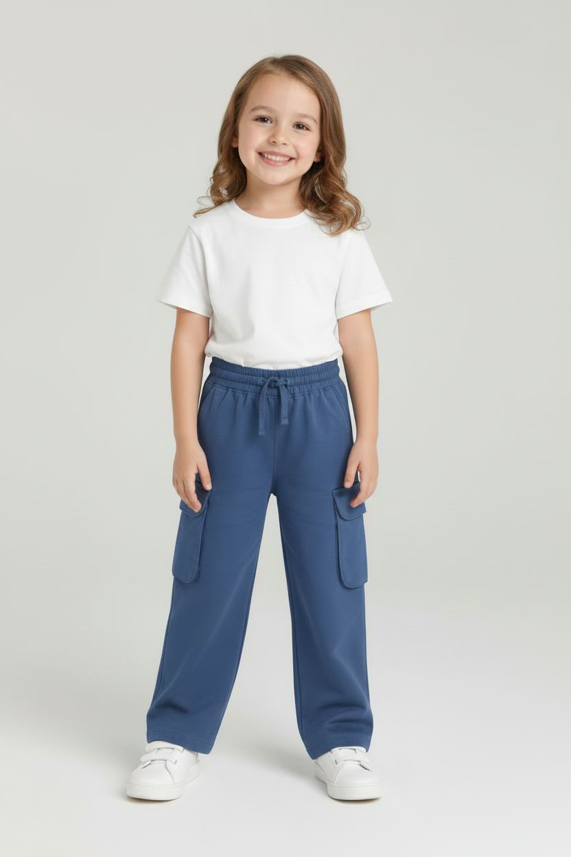 Stellar Blue Stretchable Girls Loose Fit Cargo Pants