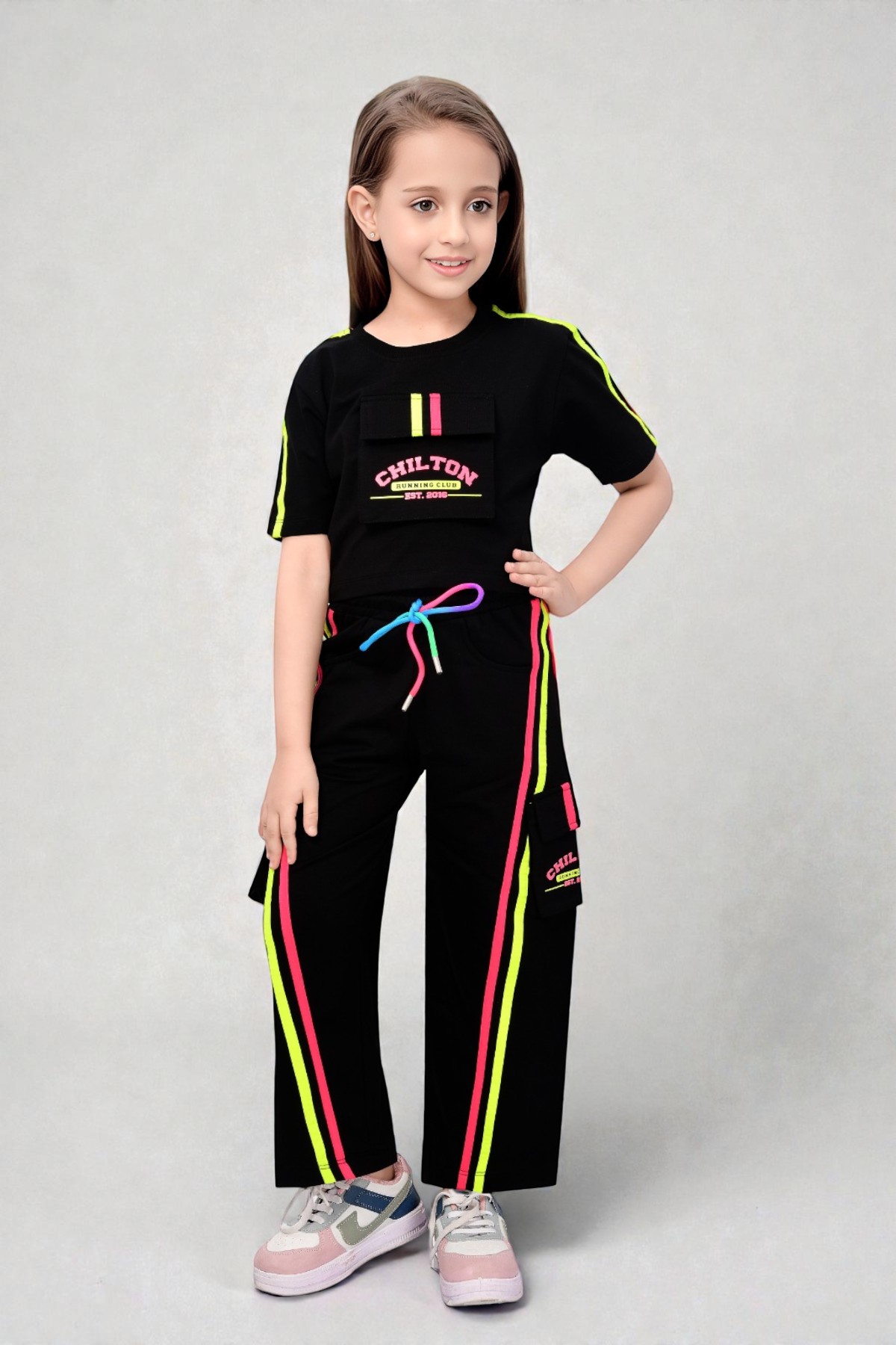 Girls Black Chilton Running Club Crop Top and Cargo Pants Set