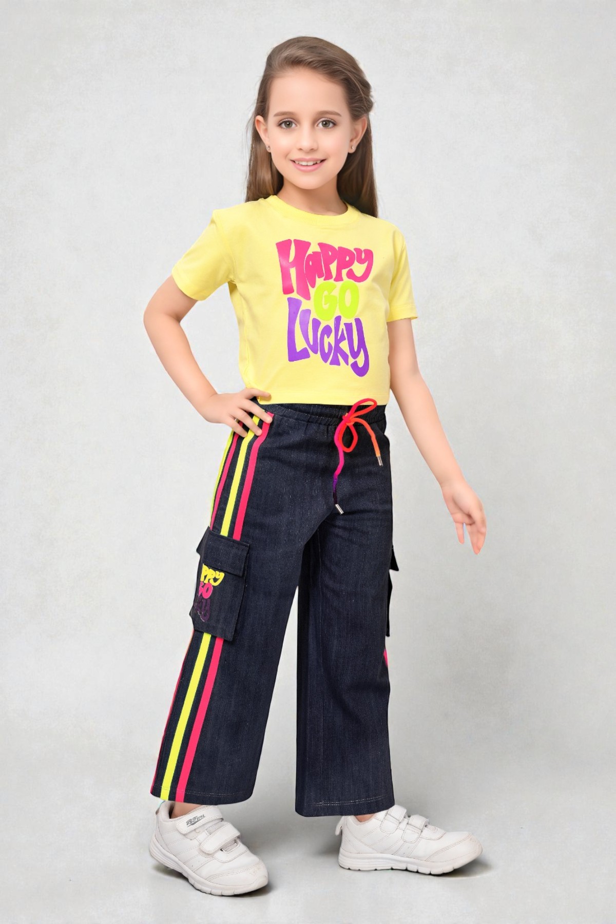 Girls Happy Go Lucky Lemon Crop Top and Denim Cargo Set