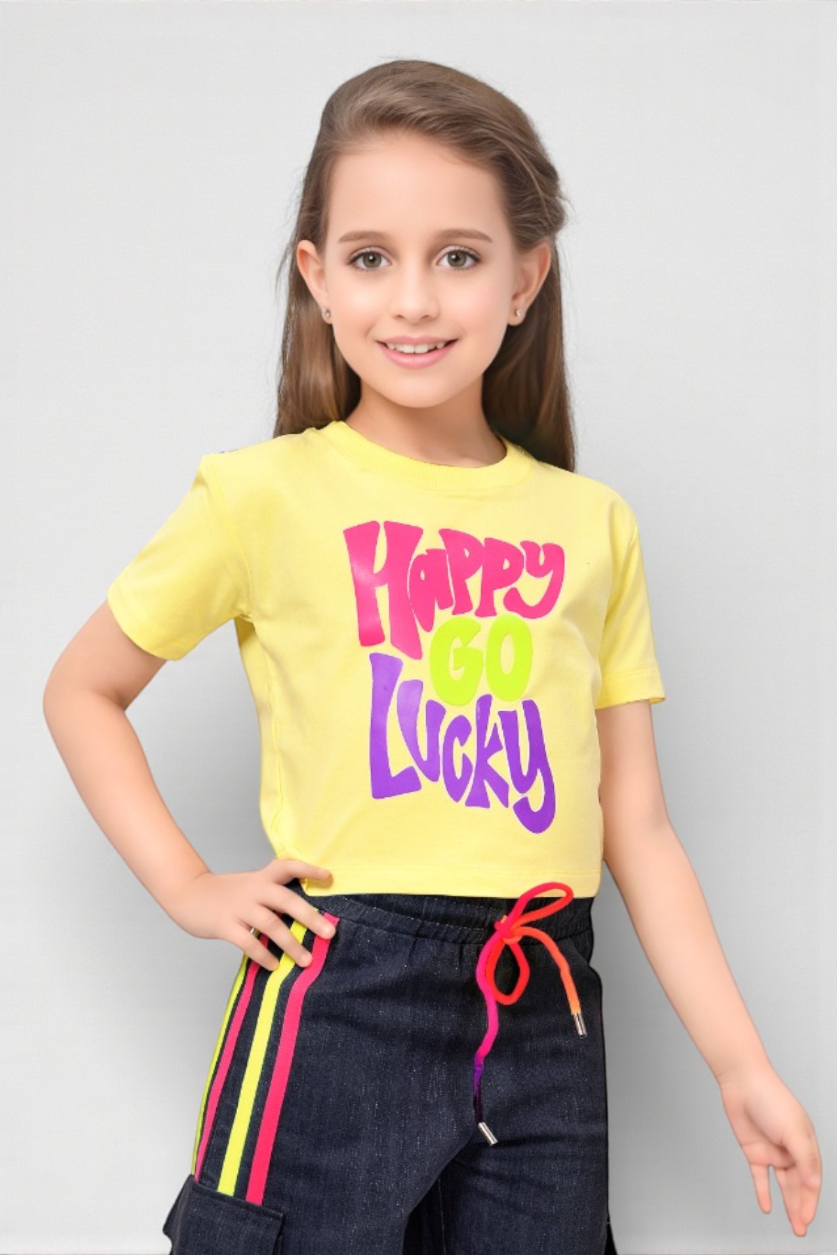 Girls Happy Go Lucky Lemon Crop Top and Denim Cargo Set - Image 2