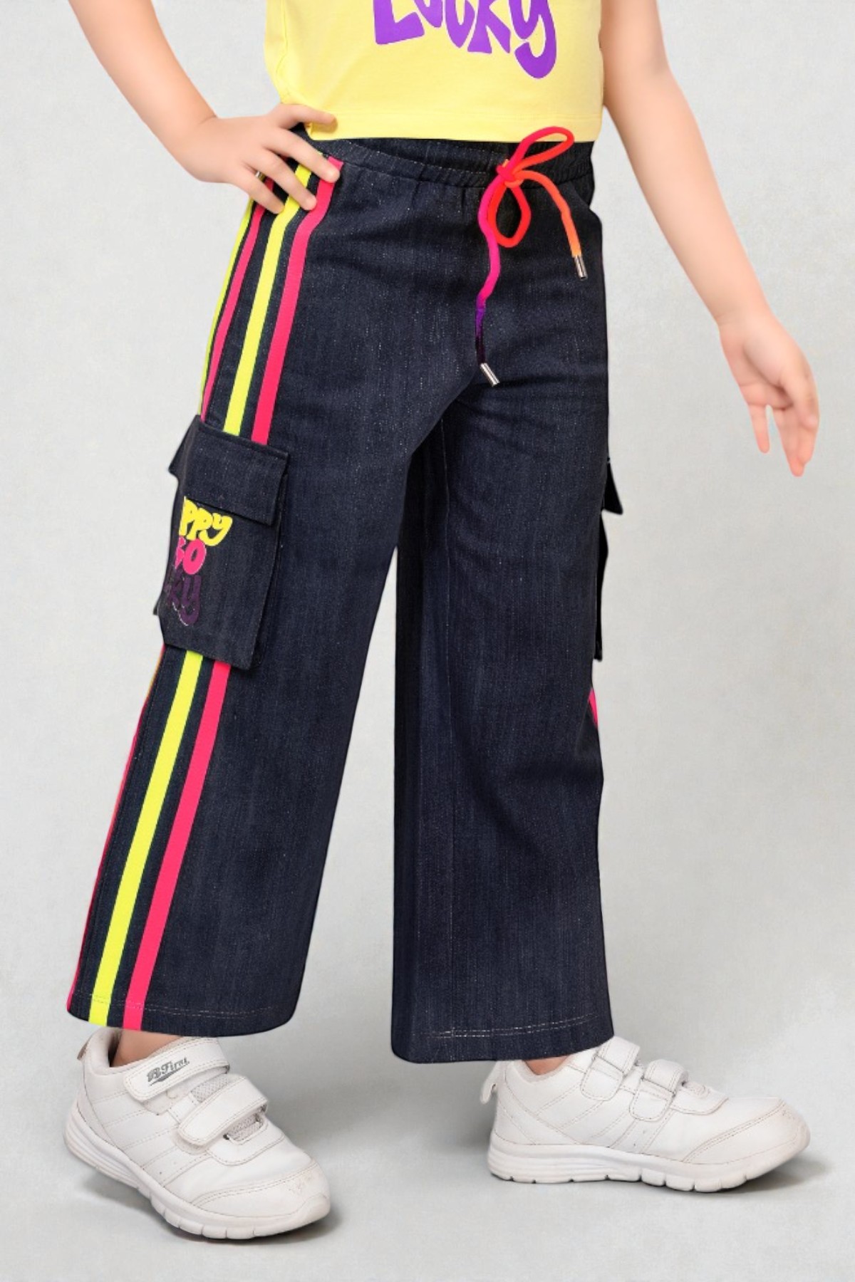 Girls Happy Go Lucky Lemon Crop Top and Denim Cargo Set - Image 3