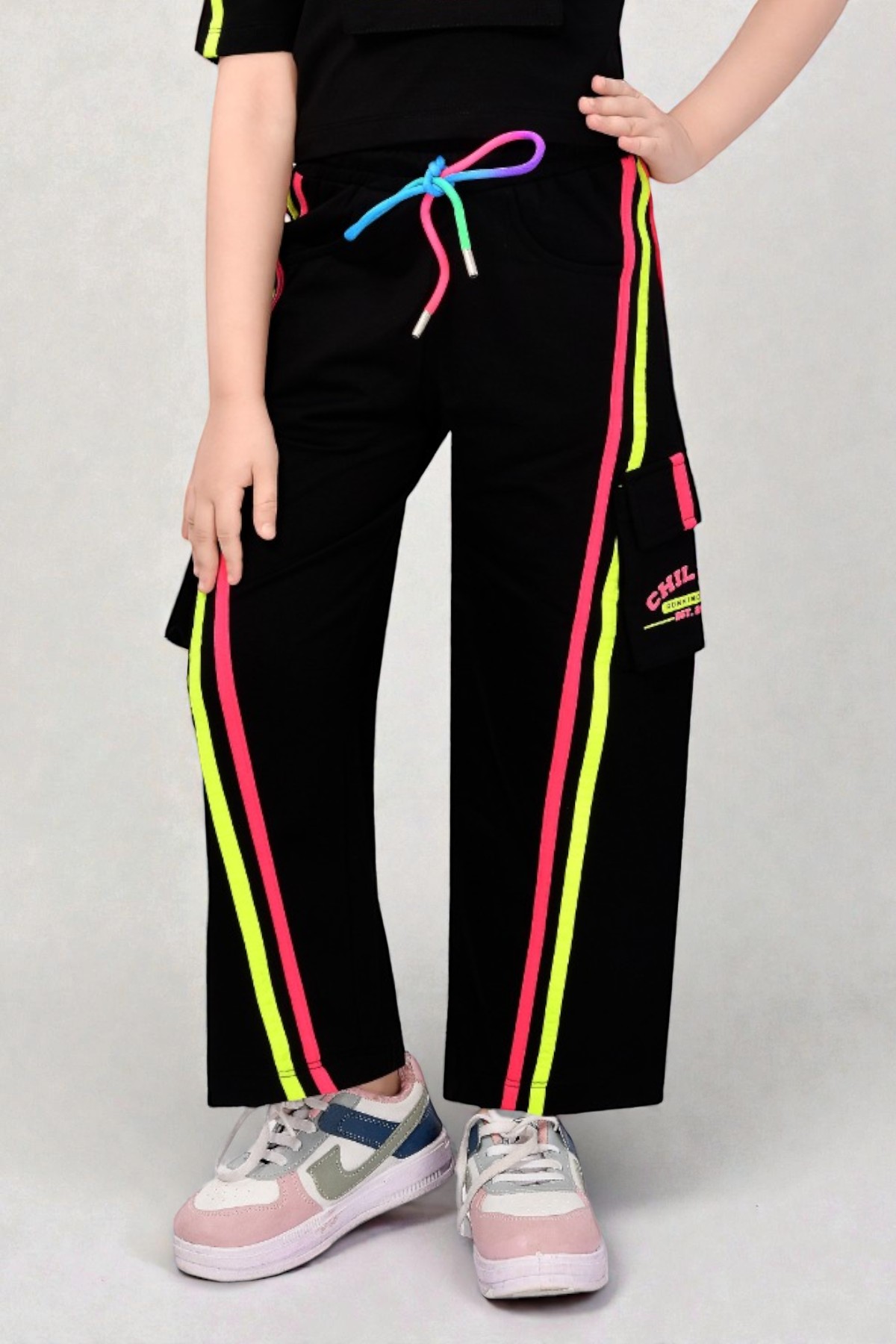 Girls Black Chilton Running Club Crop Top and Cargo Pants Set - Image 3