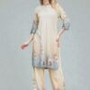 Beige Slate Blue Floral Button Down Tunic and Wide Pants Coord Set