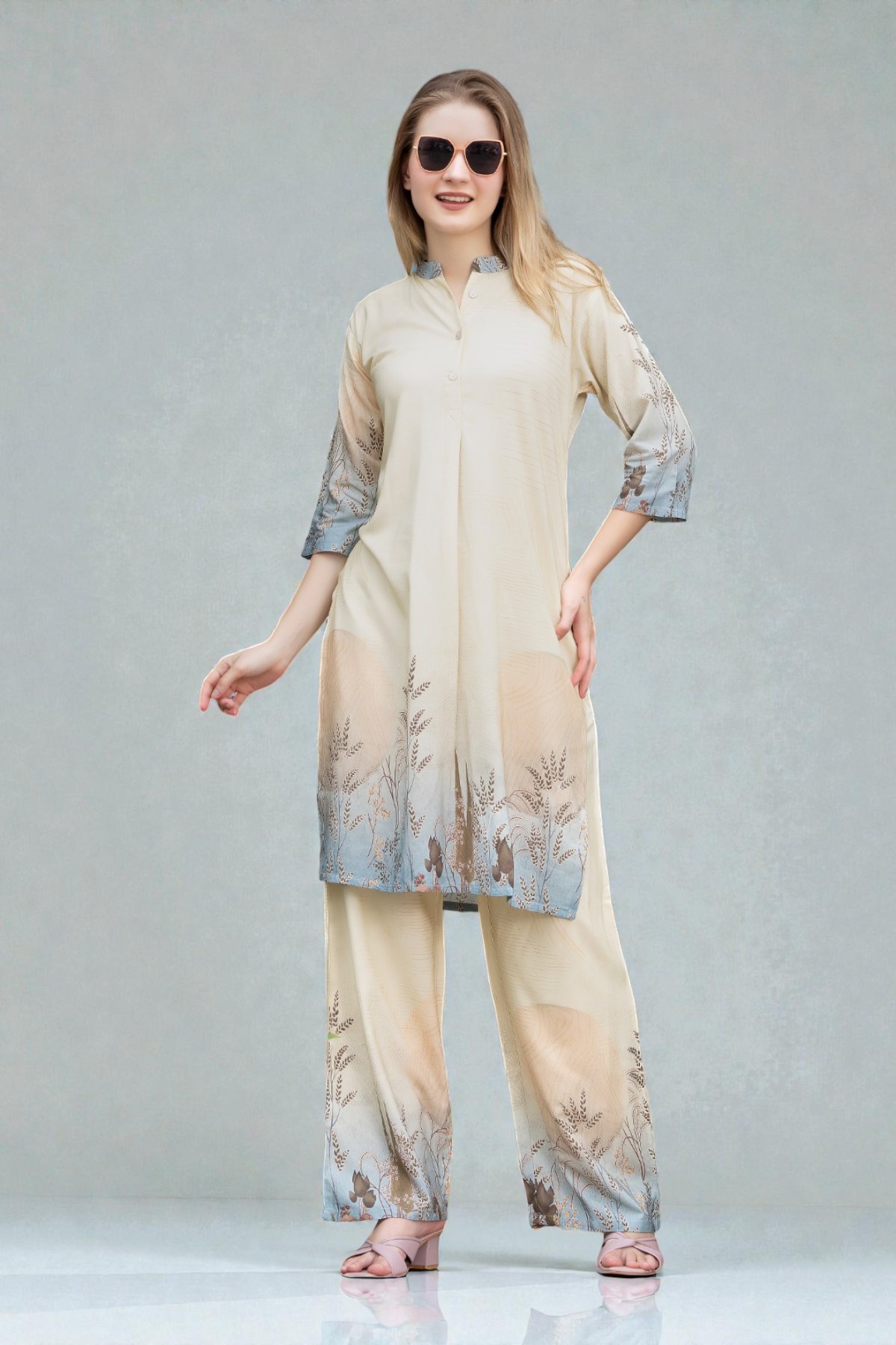 Beige Slate Blue Floral Button Down Tunic and Wide Pants Coord Set