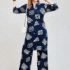 Navy Blue Geometric Print Button Down Tunic and Wide Pants Coord Set