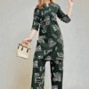 Dark Olive Abstract Print Button Down Tunic and Wide Leg Pants Coord Set