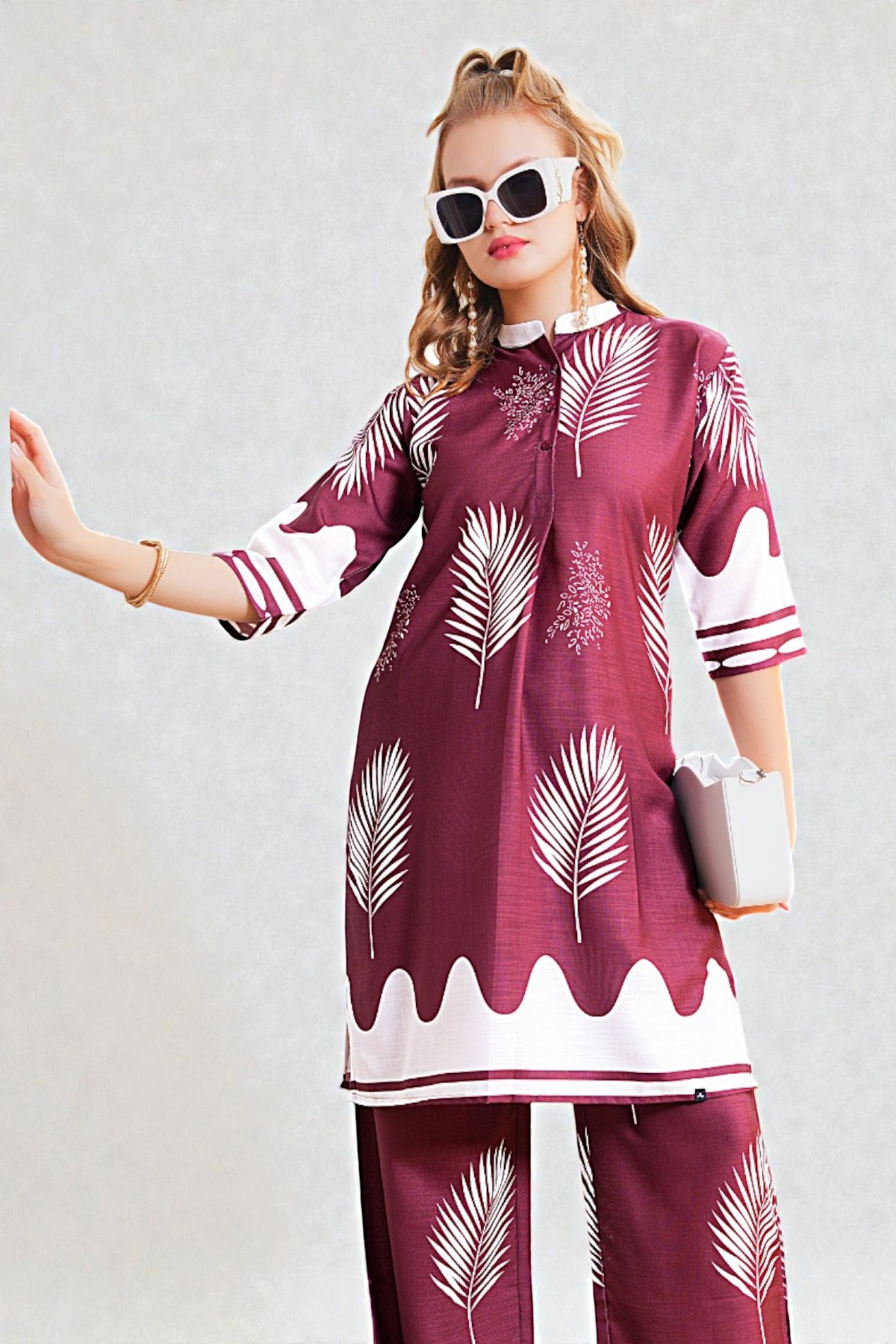 Wine Leaf Motif Button Down Tunic and Wide Leg Pants Coord Set - Image 2
