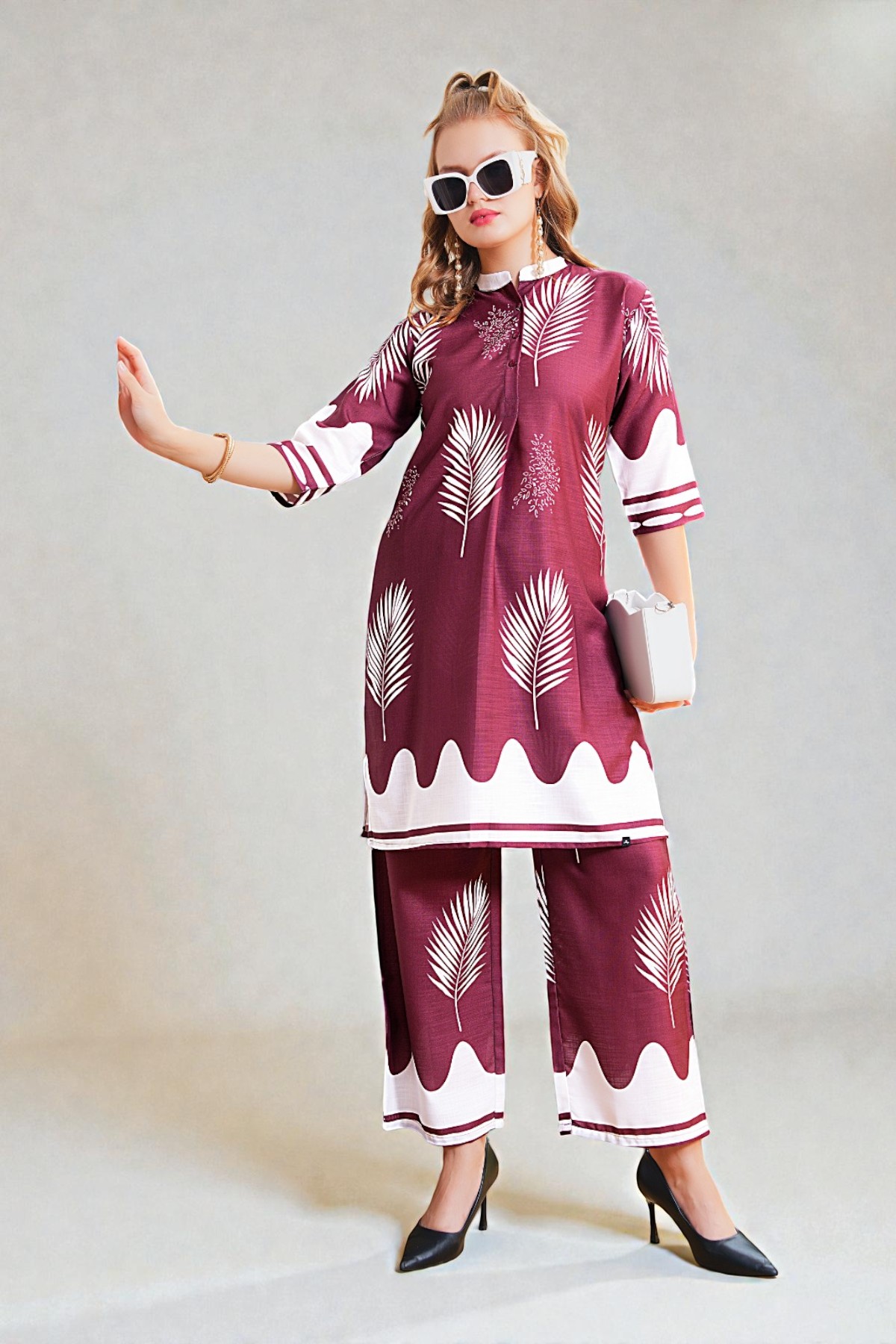 Wine Leaf Motif Button Down Tunic and Wide Leg Pants Coord Set