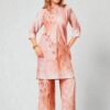 Peach Floral Foliage Button Down Tunic and Wide Leg Pants Coord Set