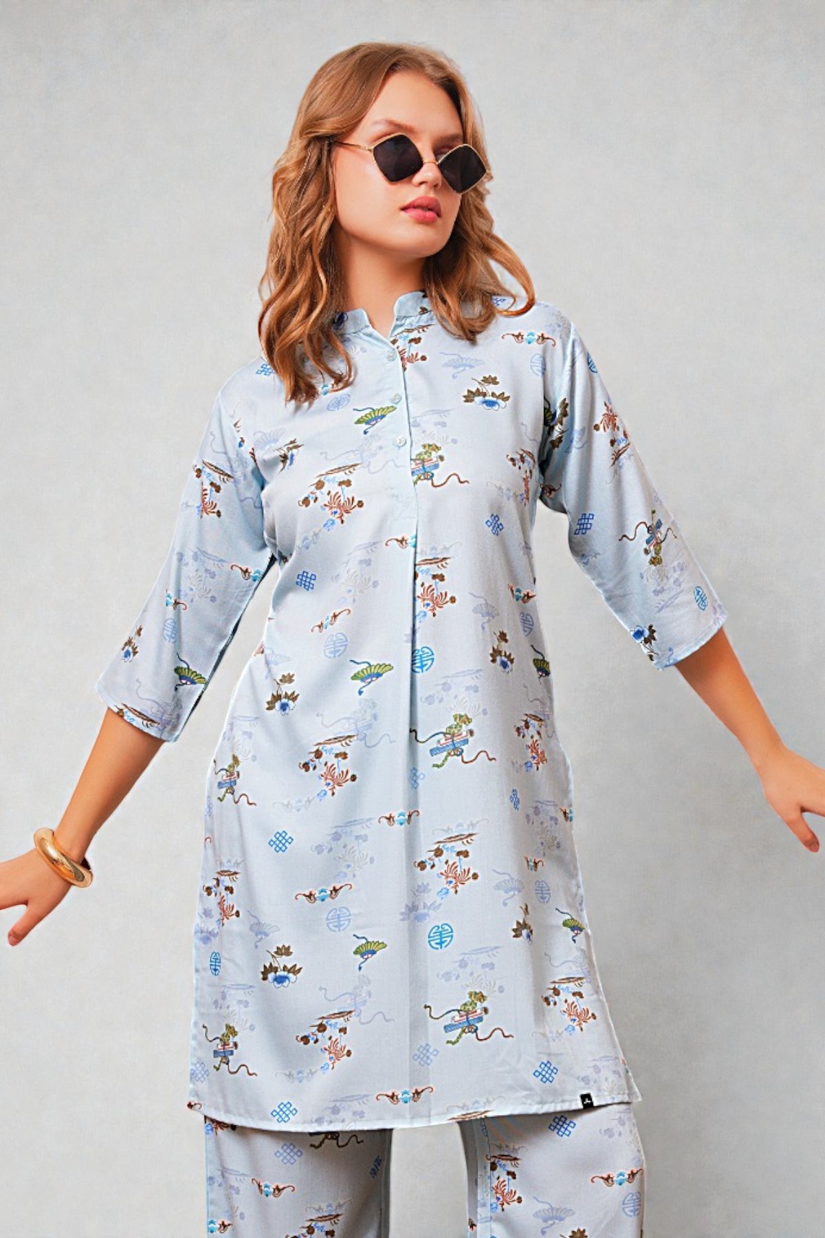 Sky Blue Oriental Print Button Down Tunic and Wide Leg Pants Coord Set - Image 2