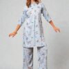 Sky Blue Oriental Print Button Down Tunic and Wide Leg Pants Coord Set