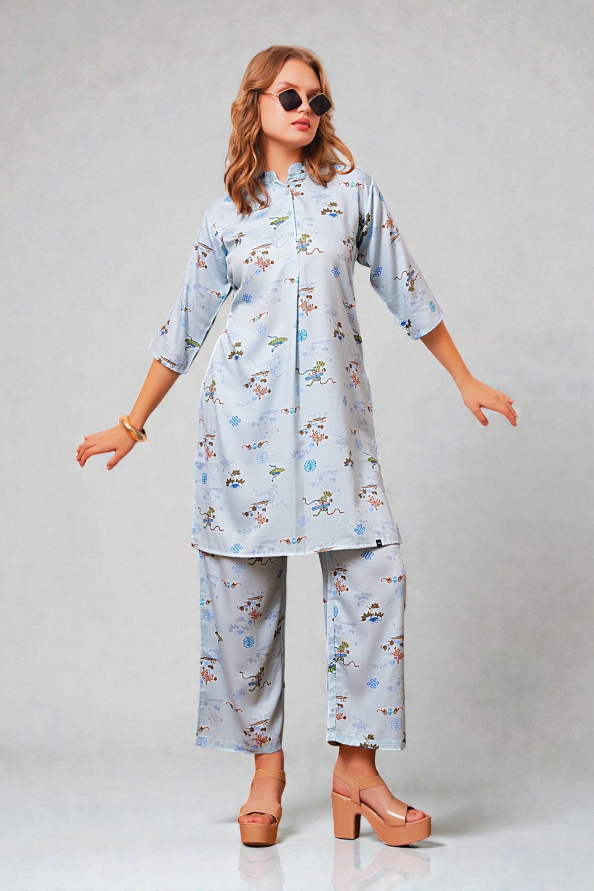 Sky Blue Oriental Print Button Down Tunic and Wide Leg Pants Coord Set