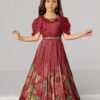 Girls Maroon Floral Print Festive Party Gown