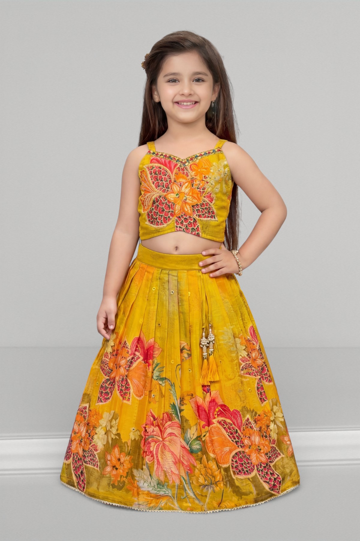 Mustard Yellow Floral Digital Print Girls Lehenga Choli Set