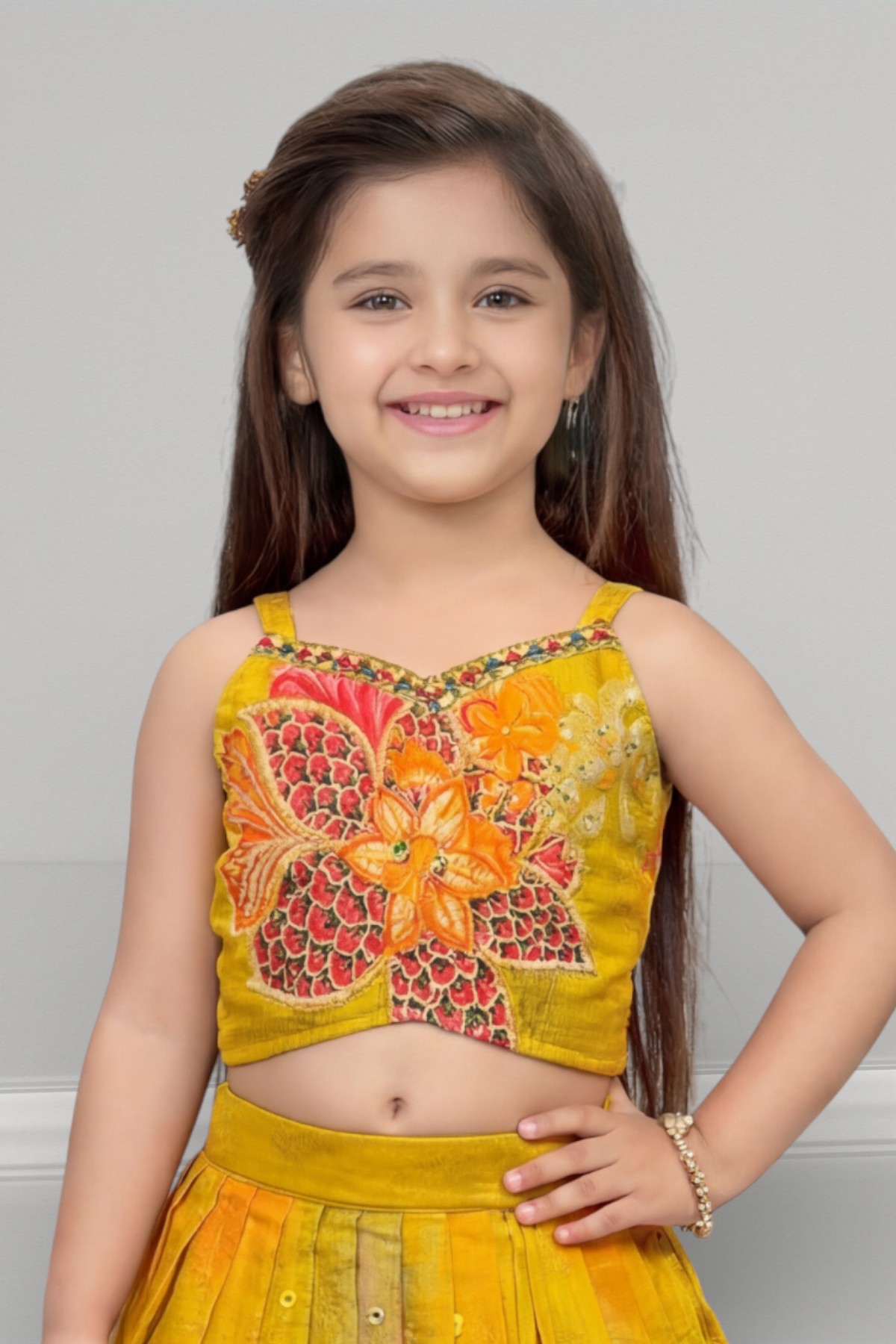 Mustard Yellow Floral Digital Print Girls Lehenga Choli Set - Image 2